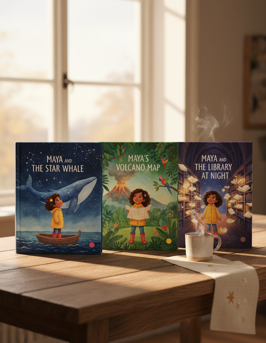 Three personalised Maya books on a wooden table — Star Whale, Volcano Map, and Library at Night — at three different reading band levels